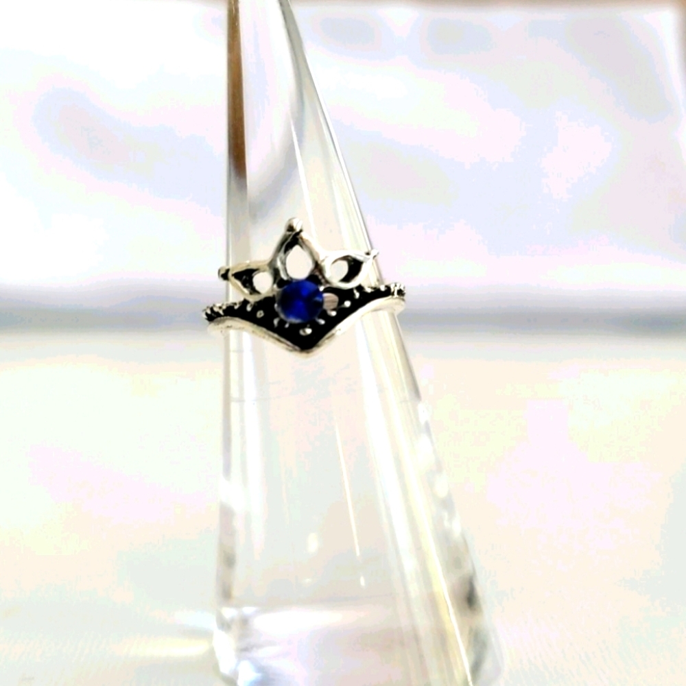 Vintage Silver Wonder Woman Lotus Leaf With Blue Jewel & Dots Tiara Ring Size 5